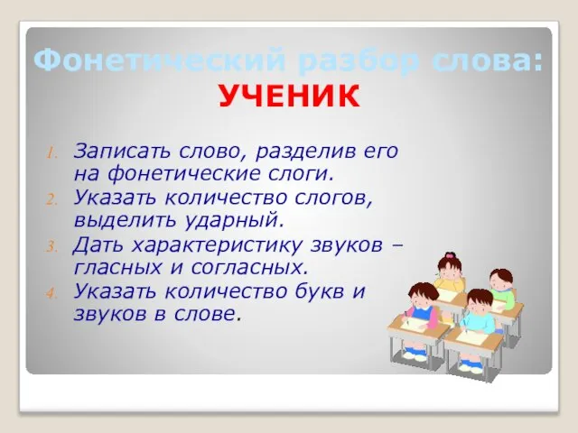 Фонетический разбор слова: УЧЕНИК Записать слово, разделив его на фонетические слоги. Указать