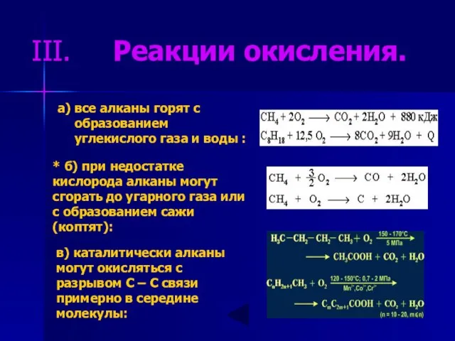 Реакции окисления. а) все алканы горят с образованием углекислого газа и воды