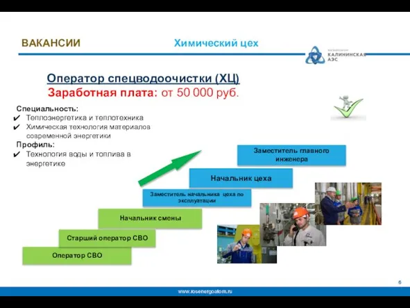 ВАКАНСИИ Химический цех Оператор спецводоочистки (ХЦ) Заработная плата: от 50 000 руб.