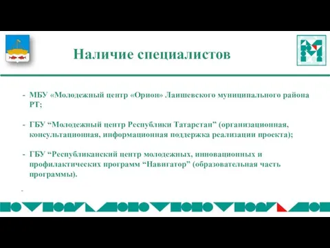 Наличие специалистов МБУ «Молодежный центр «Орион» Лаишевского муниципального района РТ; ГБУ “Молодежный