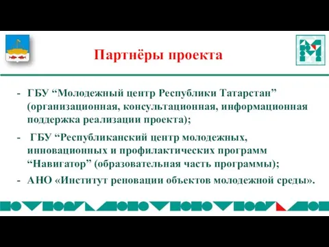 Партнёры проекта ГБУ “Молодежный центр Республики Татарстан” (организационная, консультационная, информационная поддержка реализации