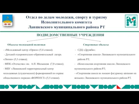 ПОДВЕДОМСТВЕННЫЕ УЧРЕЖДЕНИЯ Отдел по делам молодежи, спорту и туризму Исполнительного комитета Лаишевского