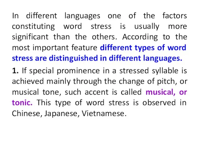 In different languages one of the factors constituting word stress is usually