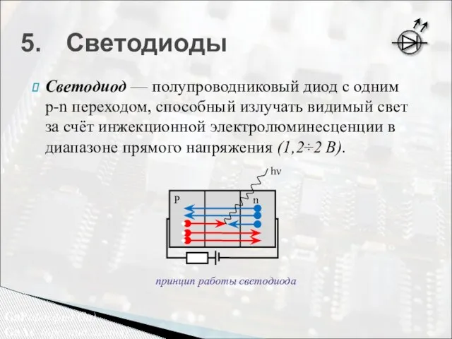 Светодиод — полупроводниковый диод с одним p-n переходом, способный излучать видимый свет