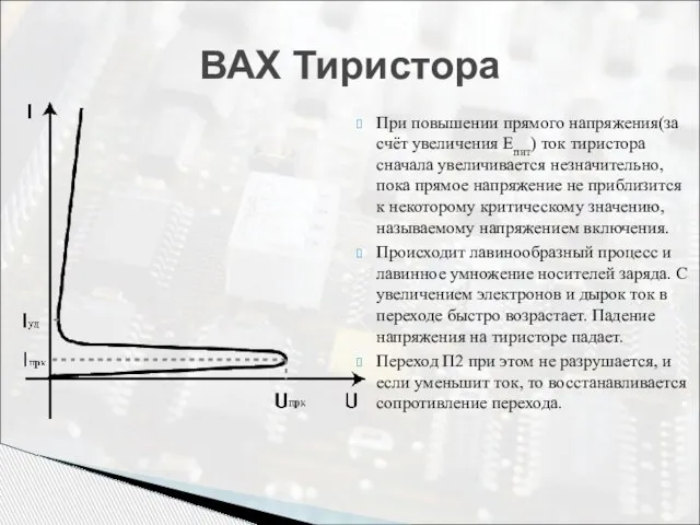 ВАХ Тиристора При повышении прямого напряжения(за счёт увеличения Епит) ток тиристора сначала