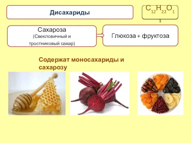 Содержат моносахариды и сахарозу Сахароза (Свекловичный и тростниковый сахар) Глюкоза + фруктоза Дисахариды С12Н22О11