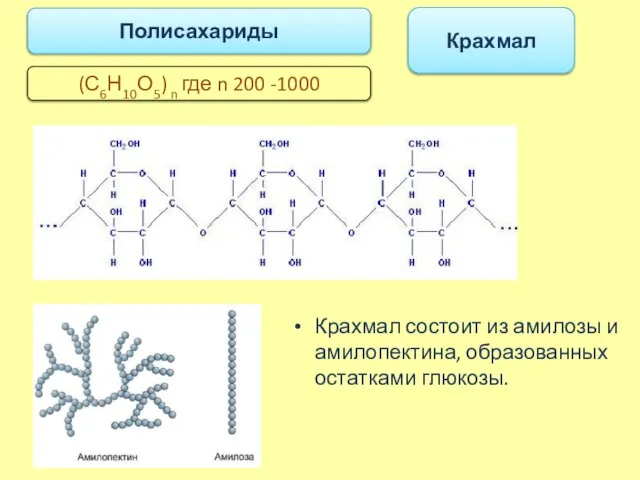 Крахмал Полисахариды Крахмал состоит из амилозы и амилопектина, образованных остатками глюкозы. (С6Н10О5)