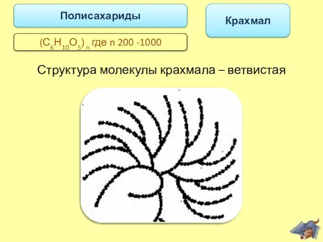 Структура молекулы крахмала – ветвистая Крахмал Полисахариды (С6Н10О5) n где n 200 -1000