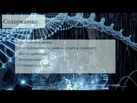 Содержание: Особенность рынка Востребованность данной услуги в аэропорту Кто потребитель? Конкуренция Стоимость услуги