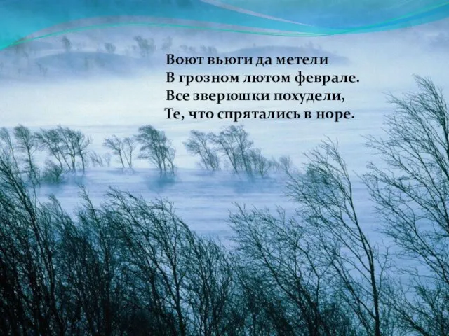 Воют вьюги да метели В грозном лютом феврале. Все зверюшки похудели, Те, что спрятались в норе.