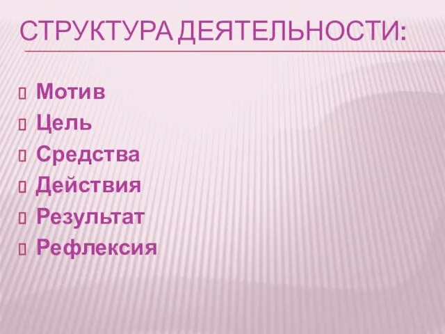 СТРУКТУРА ДЕЯТЕЛЬНОСТИ: Мотив Цель Средства Действия Результат Рефлексия