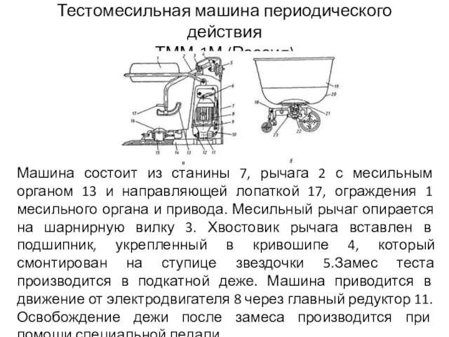 Тестомесильная машина периодического действия ТММ-1М (Россия) Машина состоит из станины 7, рычага