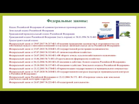 Федеральные законы: Кодекс Российской Федерации об административных правонарушениях Земельный кодекс Российской Федерации