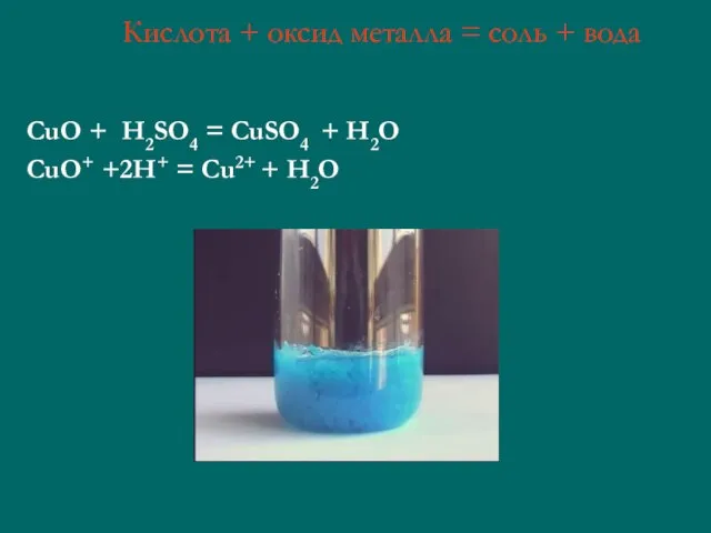 Кислота + оксид металла = соль + вода CuO + H2SO4 =