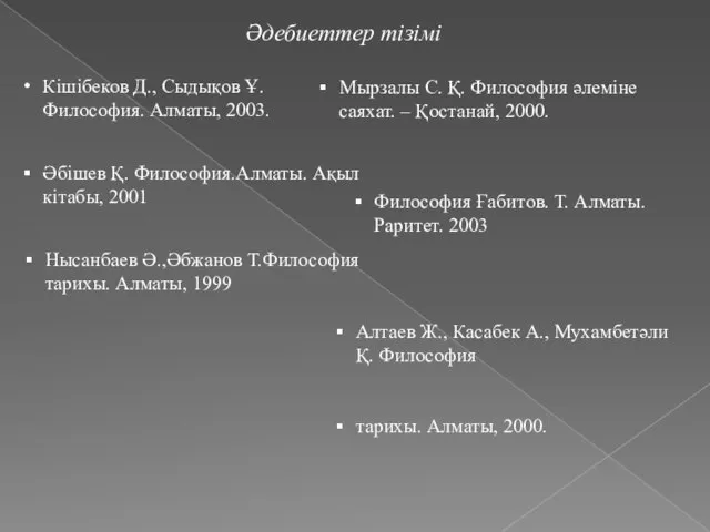 Кішібеков Д., Сыдықов Ұ. Философия. Алматы, 2003. Мырзалы С. Қ. Философия əлеміне