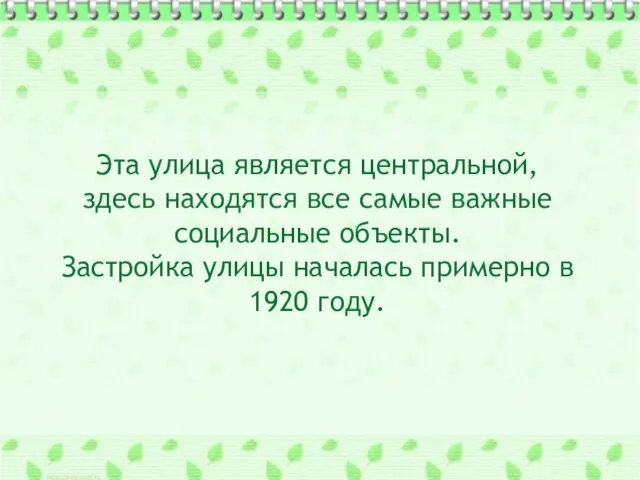 Эта улица является центральной, здесь находятся все самые важные социальные объекты. Застройка