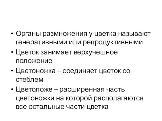 Органы размножения у цветка называют генеративными или репродуктивными Цветок занимает верхучешное положение