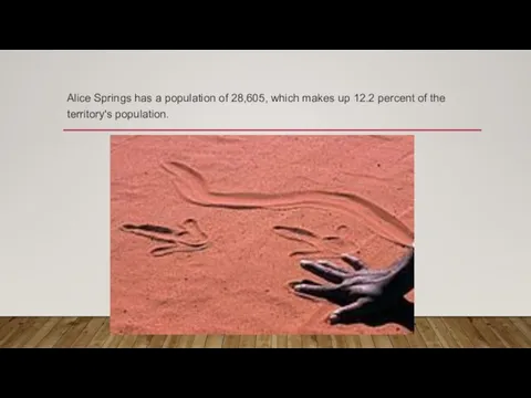 Alice Springs has a population of 28,605, which makes up 12.2 percent of the territory's population.