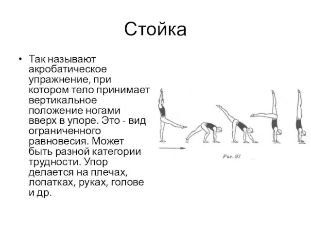 Стойка Так называют акробатическое упражнение, при котором тело принимает вертикальное положение ногами