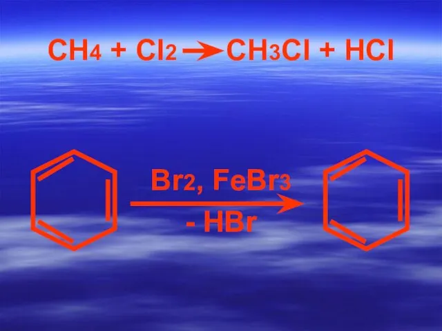 СН4 + CI2 СН3CI + HCI Br2, FeBr3 - HBr