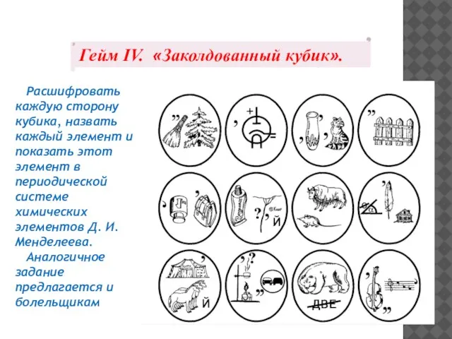 Гейм IV. «Заколдованный кубик». Расшифровать каждую сторону кубика, назвать каждый элемент и