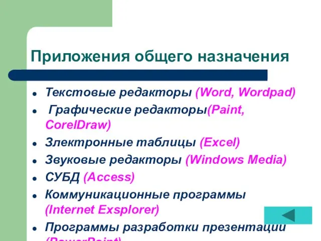 Приложения общего назначения Текстовые редакторы (Word, Wordpad) Графические редакторы(Paint, CorelDraw) Злектронные таблицы