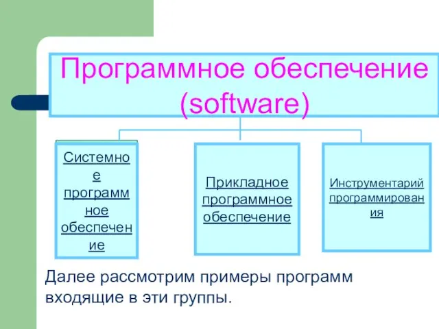 Программное обеспечение (software) Прикладное программное обеспечение Инструментарий программирования Далее рассмотрим примеры программ входящие в эти группы.