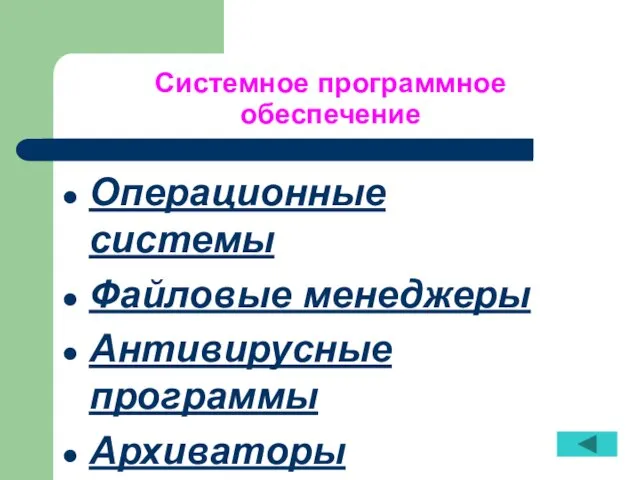 Системное программное обеспечение Операционные системы Файловые менеджеры Антивирусные программы Архиваторы