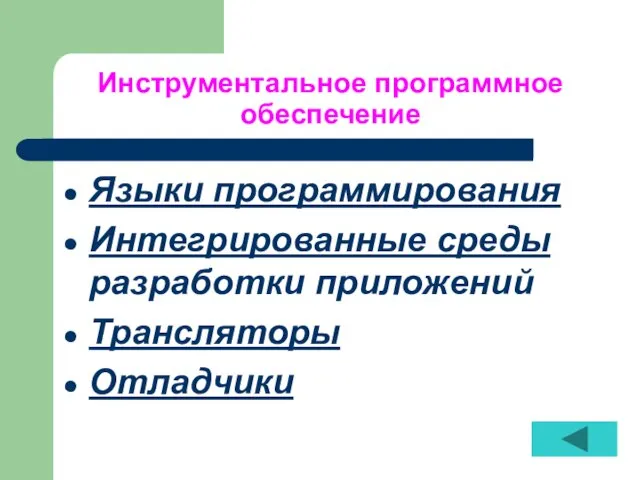 Инструментальное программное обеспечение Языки программирования Интегрированные среды разработки приложений Трансляторы Отладчики