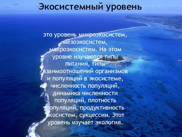 Экосистемный уровень это уровень микроэкосистем, мезоэкосистем, макроэкосистем. На этом уровне изучаются типы