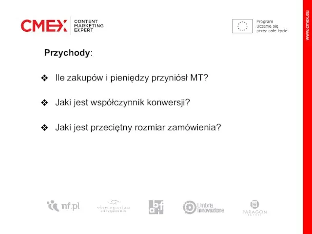 Przychody: Ile zakupów i pieniędzy przyniósł MT? Jaki jest współczynnik konwersji? Jaki jest przeciętny rozmiar zamówienia?