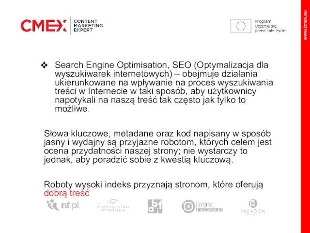 Search Engine Optimisation, SEO (Optymalizacja dla wyszukiwarek internetowych) – obejmuje działania ukierunkowane