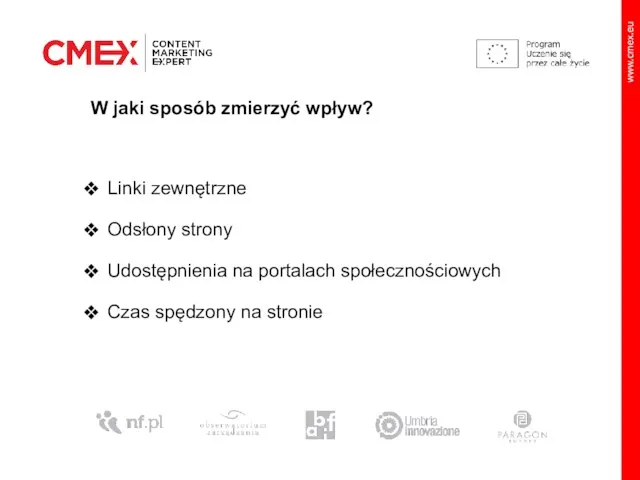 W jaki sposób zmierzyć wpływ? Linki zewnętrzne Odsłony strony Udostępnienia na portalach