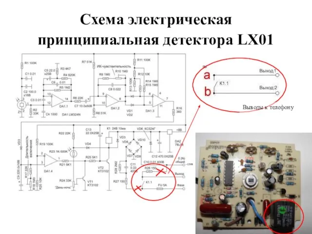 Схема электрическая принципиальная детектора LX01 Выводы к телефону ~220В