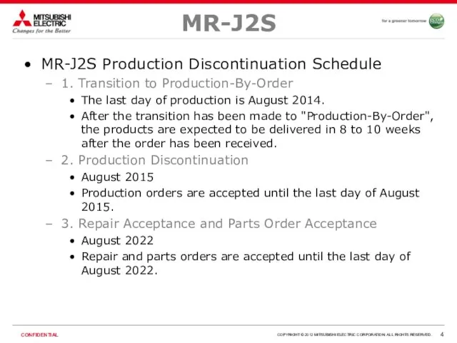 MR-J2S MR-J2S Production Discontinuation Schedule 1. Transition to Production-By-Order The last day