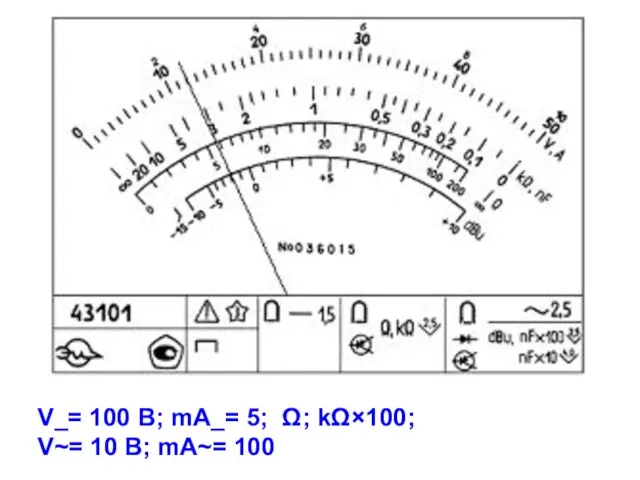 V_= 100 B; mA_= 5; Ω; kΩ×100; V~= 10 B; mA~= 100