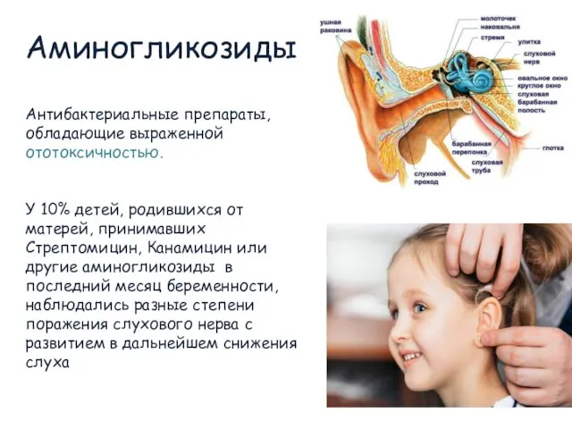 Аминогликозиды Антибактериальные препараты, обладающие выраженной ототоксичностью. У 10% детей, родившихся от матерей,