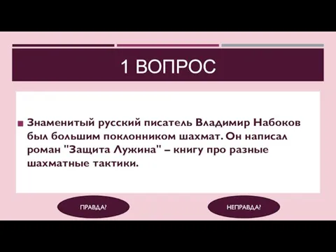 1 ВОПРОС Знаменитый русский писатель Владимир Набоков был большим поклонником шахмат. Он