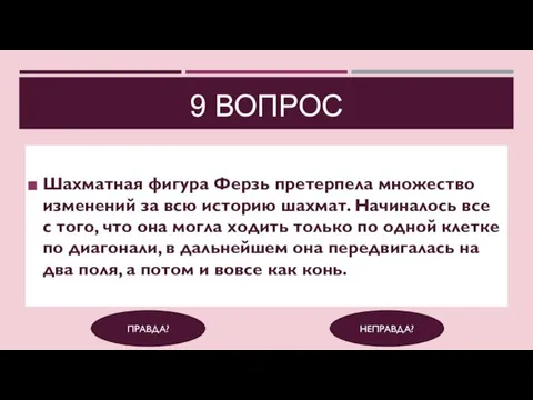 9 ВОПРОС Шахматная фигура Ферзь претерпела множество изменений за всю историю шахмат.