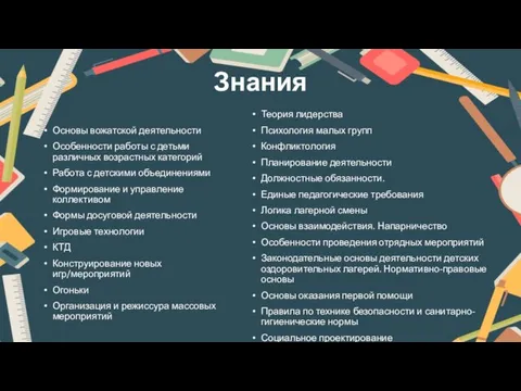 Знания Основы вожатской деятельности Особенности работы с детьми различных возрастных категорий Работа