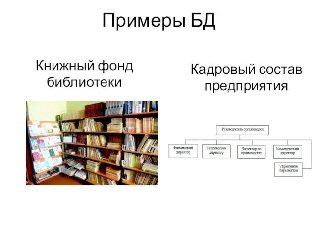 Примеры БД Книжный фонд библиотеки Кадровый состав предприятия