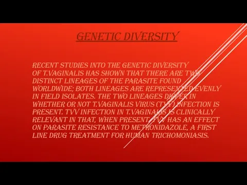 GENETIC DIVERSITY Recent studies into the genetic diversity of T.vaginalis has shown