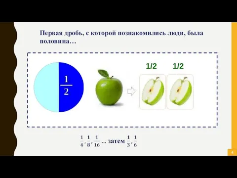 Первая дробь, с которой познакомились люди, была половина… 4