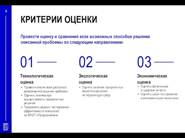 КРИТЕРИИ ОЦЕНКИ Провести оценку и сравнение всех возможных способов решения описанной проблемы