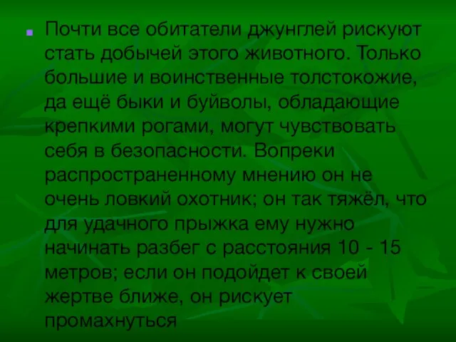 Почти все обитатели джунглей рискуют стать добычей этого животного. Только большие и