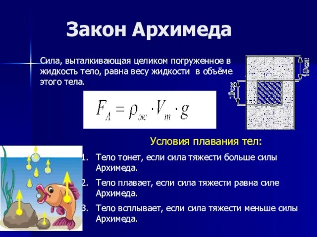 Закон Архимеда Сила, выталкивающая целиком погруженное в жидкость тело, равна весу жидкости