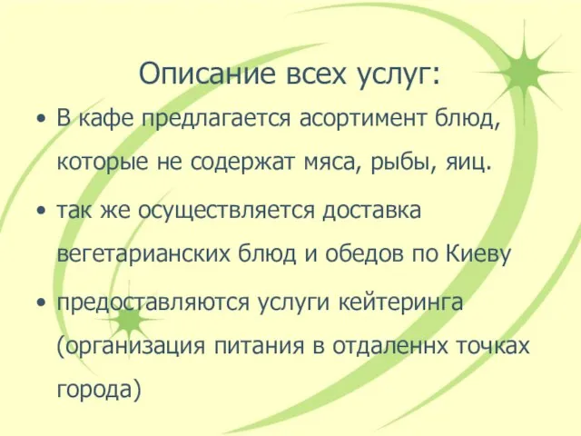 Описание всех услуг: В кафе предлагается асортимент блюд, которые не содержат мяса,