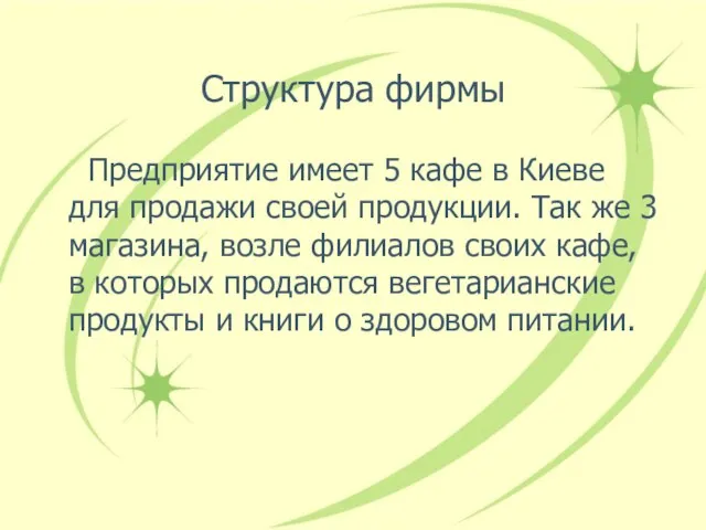 Структура фирмы Предприятие имеет 5 кафе в Киеве для продажи своей продукции.