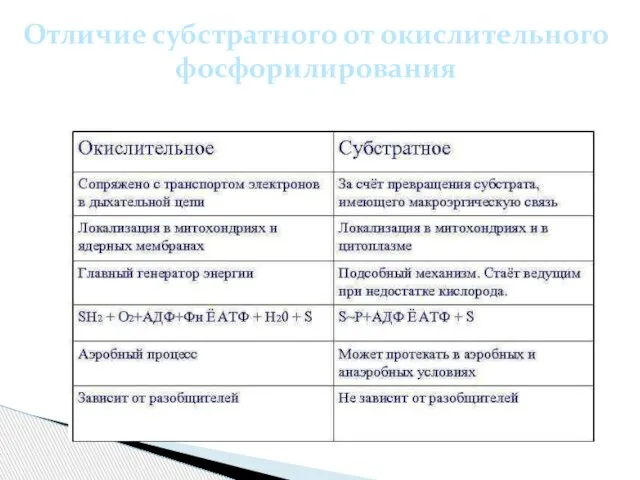 Отличие субстратного от окислительного фосфорилирования