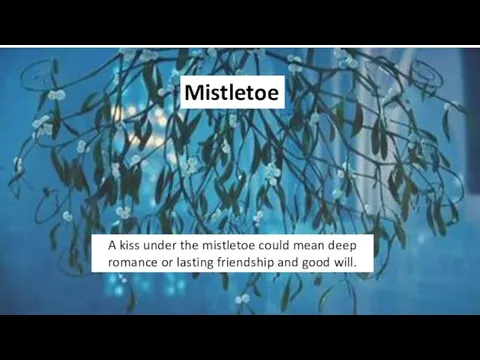 Mistletoe A kiss under the mistletoe could mean deep romance or lasting friendship and good will.